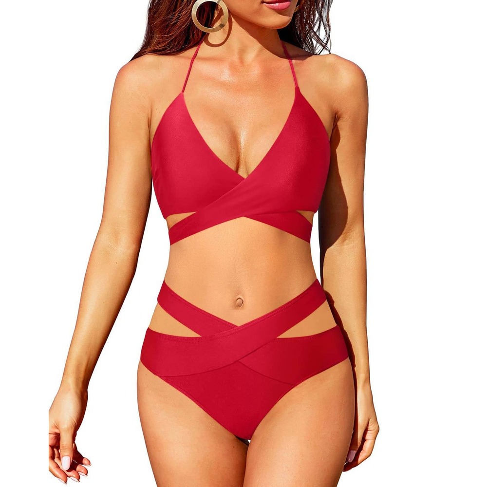 Two Piece Swimsuit Womens M Red Push Up Halter Wrap Straps Sexy Summer 585‎ NWT